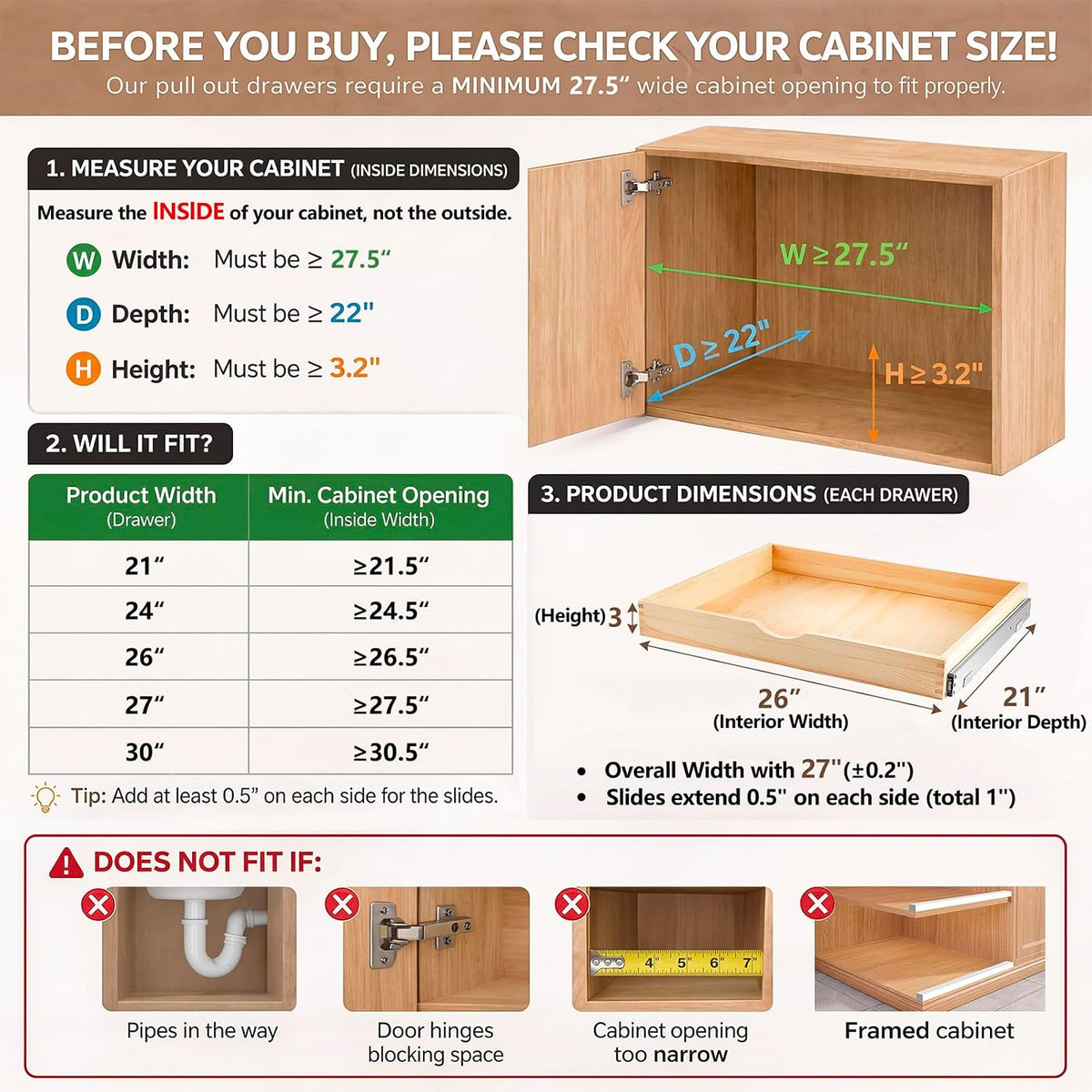 Menkxi 2 Set Wood Pull out Cabinet Organizer, Wood Color, 27'' X 21'' X 3"