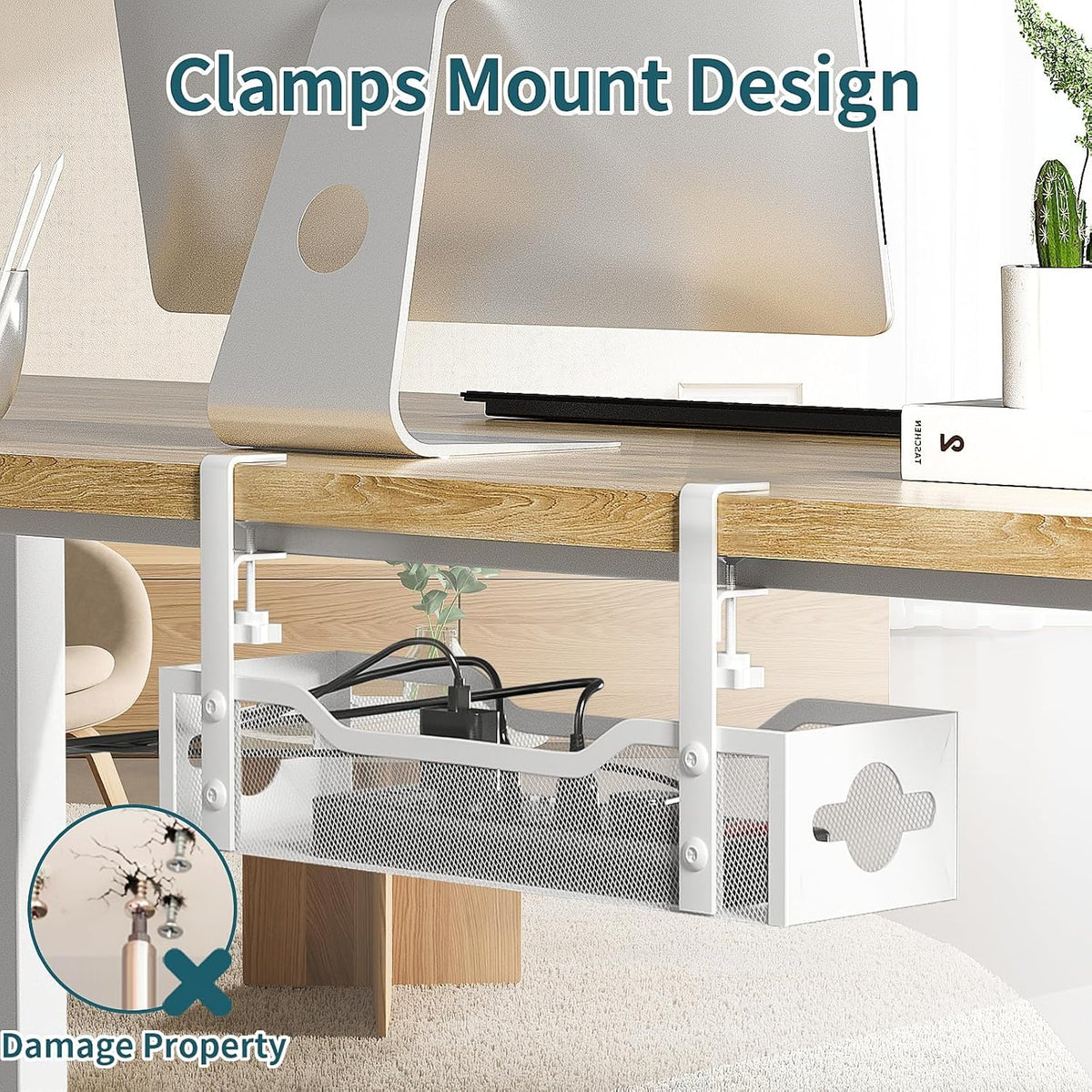 Under Desk Cable Management Tray 2 Pack, No Drill Cable Organizer With Clamp for Standing Desk, Easy to Install Cord Management System, No Damage Wire Organizer