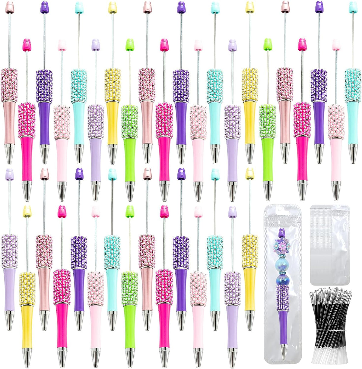 150 Pcs DIY Diamond Beadable Pen Kit - 50 Plastic Rhinestone Beaded Pens Bulk with Refills & Bags - Fancy Cute Glitter Pens for Crafting, Students & Teachers – School Supplies (Candy color)
