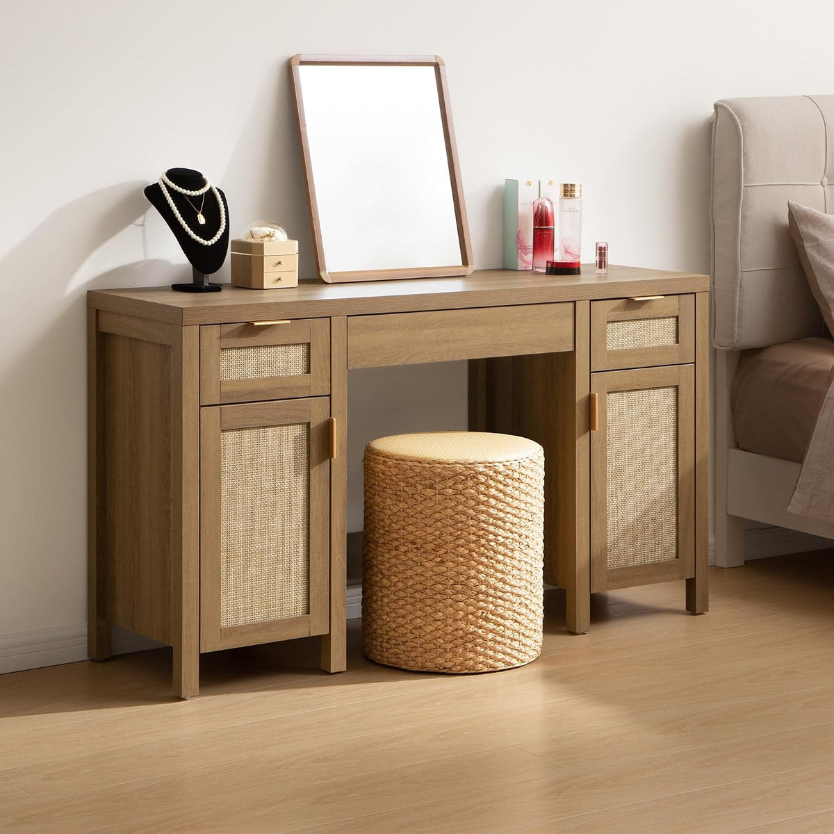 SICOTAS 52" Rattan Vanity Home Office Desk Vanity Table with 3 Drawers
