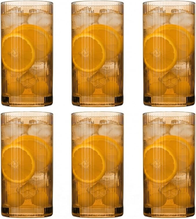 Physkoa Brown Ribbed Drinking Glasses Set of 6 – Vintage Embossed Highball