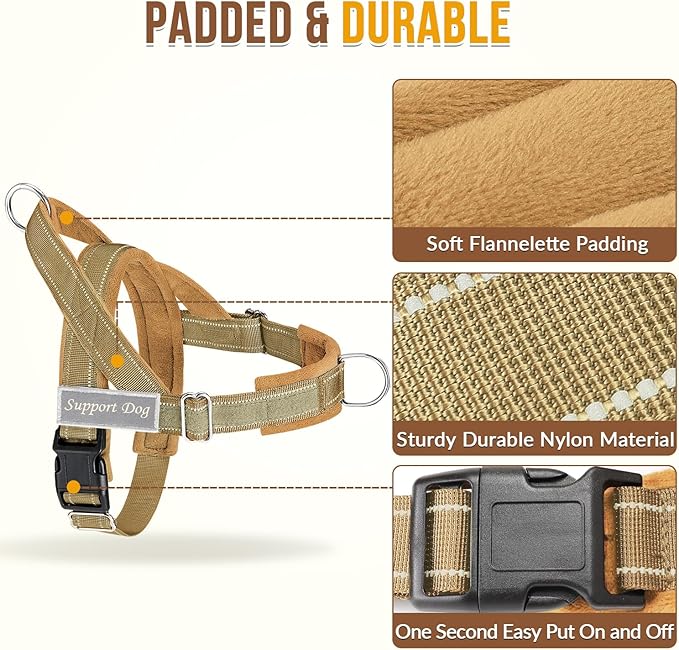 SlowTon No Pull Dog Harness - Heavy Duty Dog Harness and Leash Set for Medium Large Dogs, Reflective Tactical Harness with Soft Padded and Front Clip for Easy Walk and Training (Tan S)