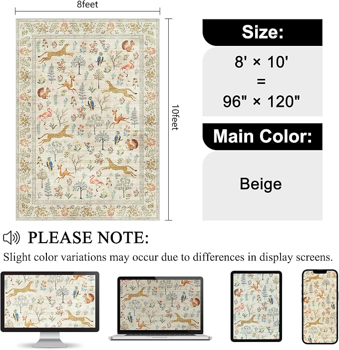 DUKINO 8x10 Rug, Washable Animal Living Room Rug