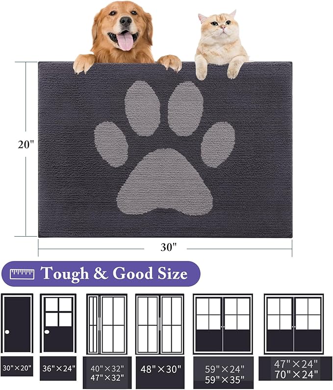 Buganda Dog Door Mat for Muddy Paws, Absorbent Dirt Trapper Non Slip Indoor Doormats, Washable Low-Profile Mat for Mud Dogs, Entryway Carpet for Inside Floor (47x32 Inches, Dark Grey)