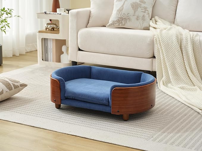 Scandinavian Style Elevated Dog Bed with Solid Wood Frame, Orthopedic Pet Sofa with Removable Washable Cover, Small Size Pet Furniture (Dark Blue + Brown)