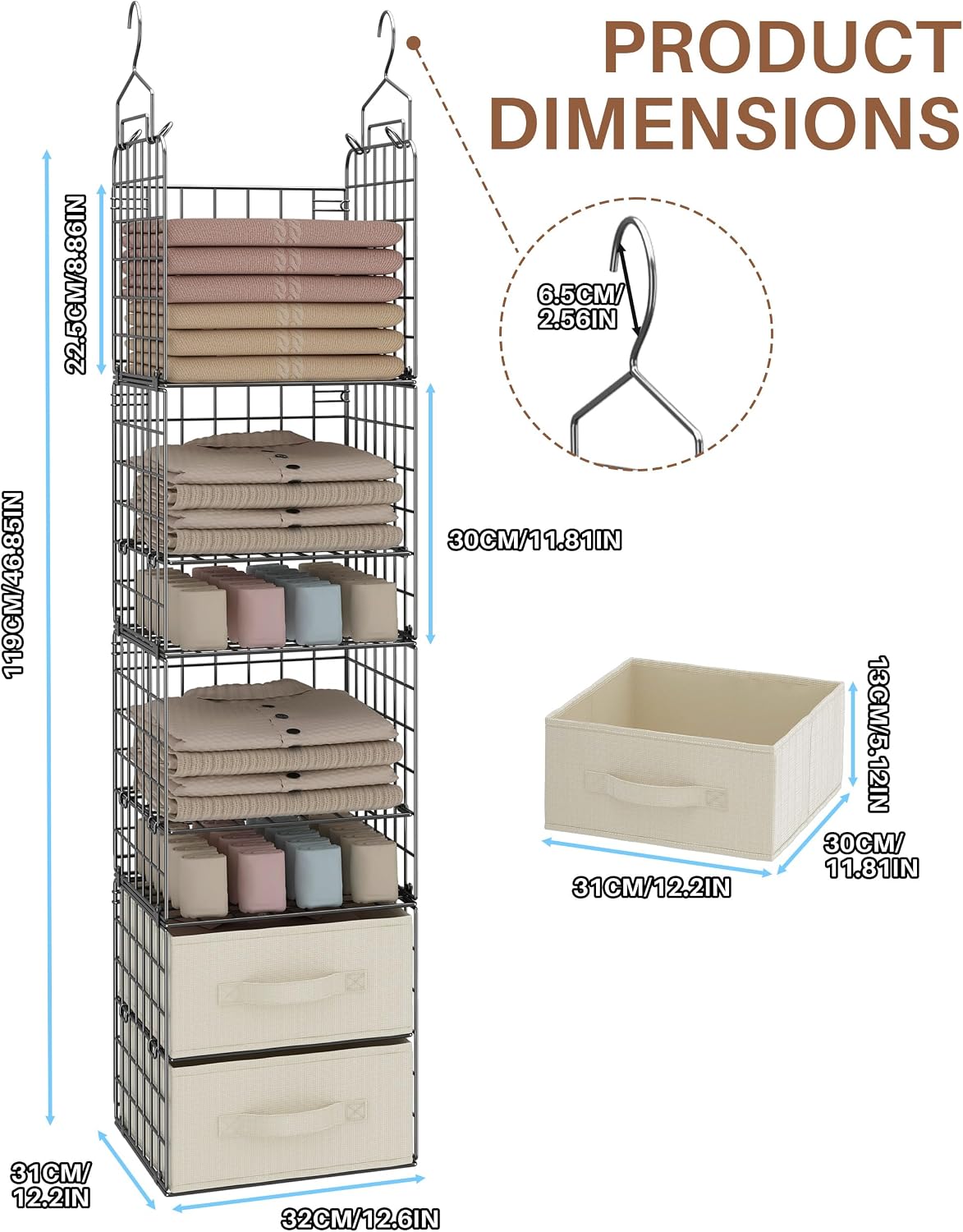 4 Tier Metal Hanging Closet Organizer with 2 Fabric Drawers