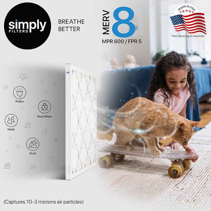 Simply 20x25x1 Air Filter, Merv 8, MPR 600, 12 Pack, Furnace Air Filter