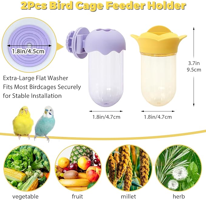 2Pcs Bird Cage Feeder for Vegetable, Parrot Veggies Holder with Water-Storage Design to Keep Greens Fresh, No Mess Hanging Millet Feeder for Parakeet, Quick Clean Clip, No Spill Feeders for Parrots