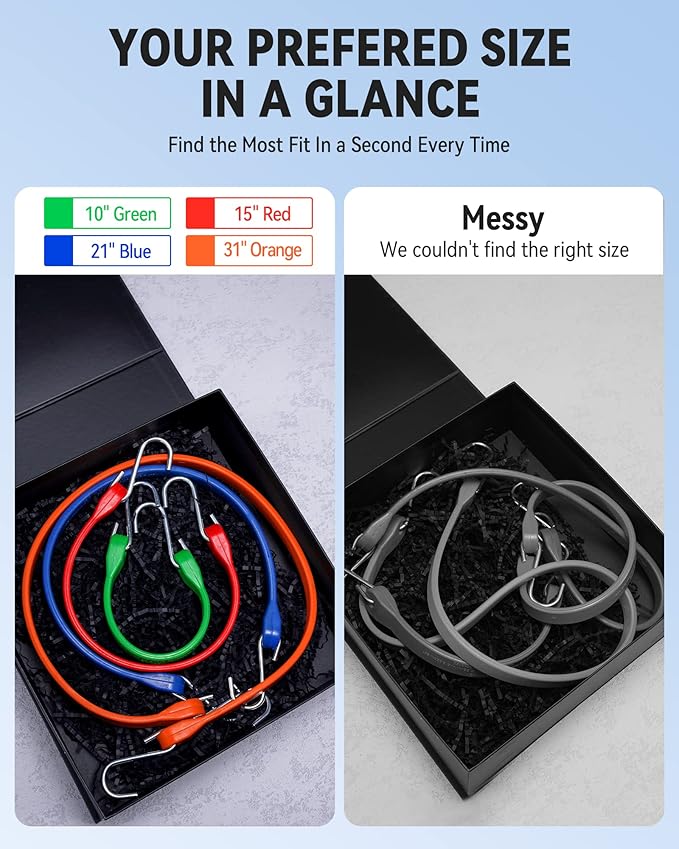 Rubber Bungee Cords with S Hooks, Heavy Duty Bungee Straps, Assorted Sizes with 15% Wider & Over 132 lbs Load, Colored, 100% EPDM Rubber for Cargo, Tarps, Van, Truck, 10", 15", 21", 31" (10 Pack)