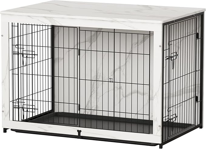Megidok Wooden Dog Crate Furniture with Cushion,Large Dog Crate End Table with Tray, Double Doors Kennels Indoor (43.1" L*28.6" W*30.3" H, Marble White)
