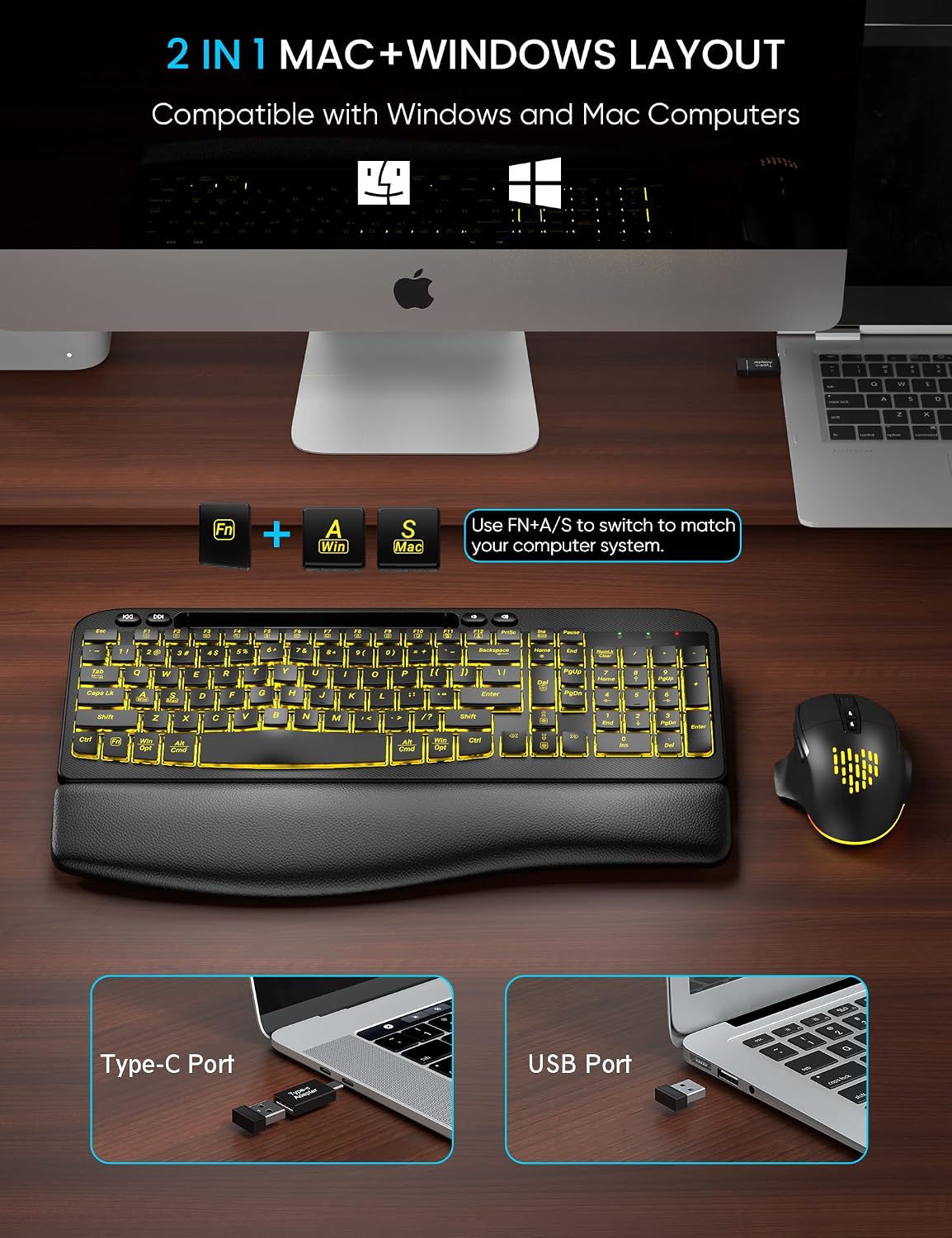 SABLUTE Wireless Keyboard and Mouse Combo, Ergonomic Wave with Wrist Rest