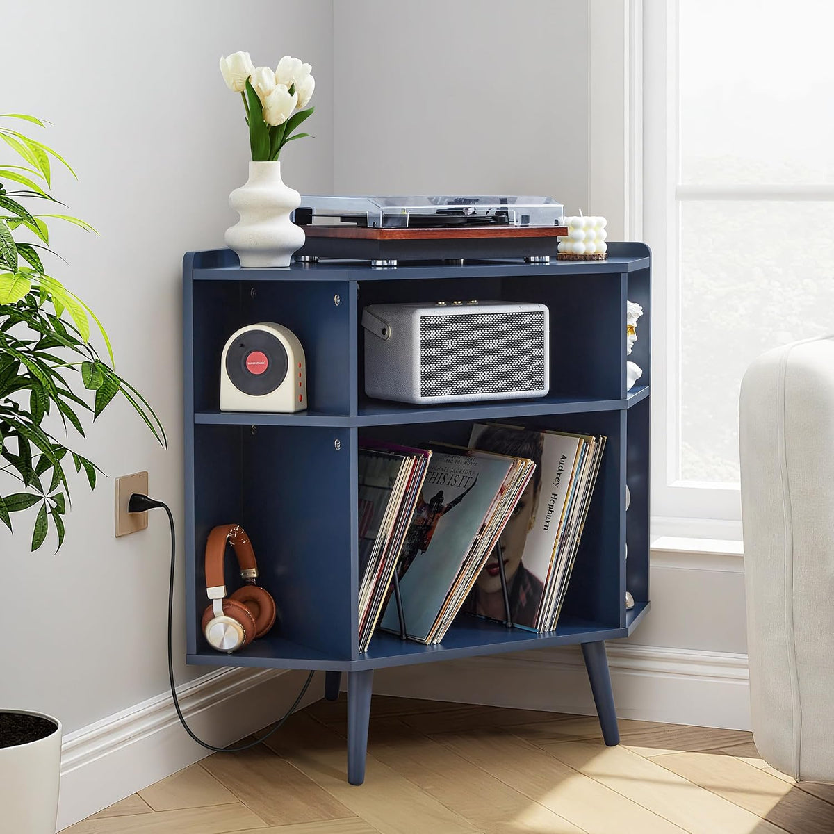 Corner Record Player Stand with Charging Station & USB Ports