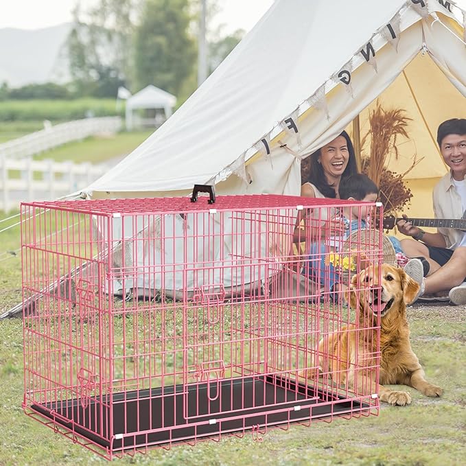 48 Inch Dog Crate Dog Kennels Folding Mental Wire Crates Dog Crates for Large Dogs Cage Outdoor Indoor Pet XL Dog Crate with Double-Door,Divider Panel, Removable Tray,Pink