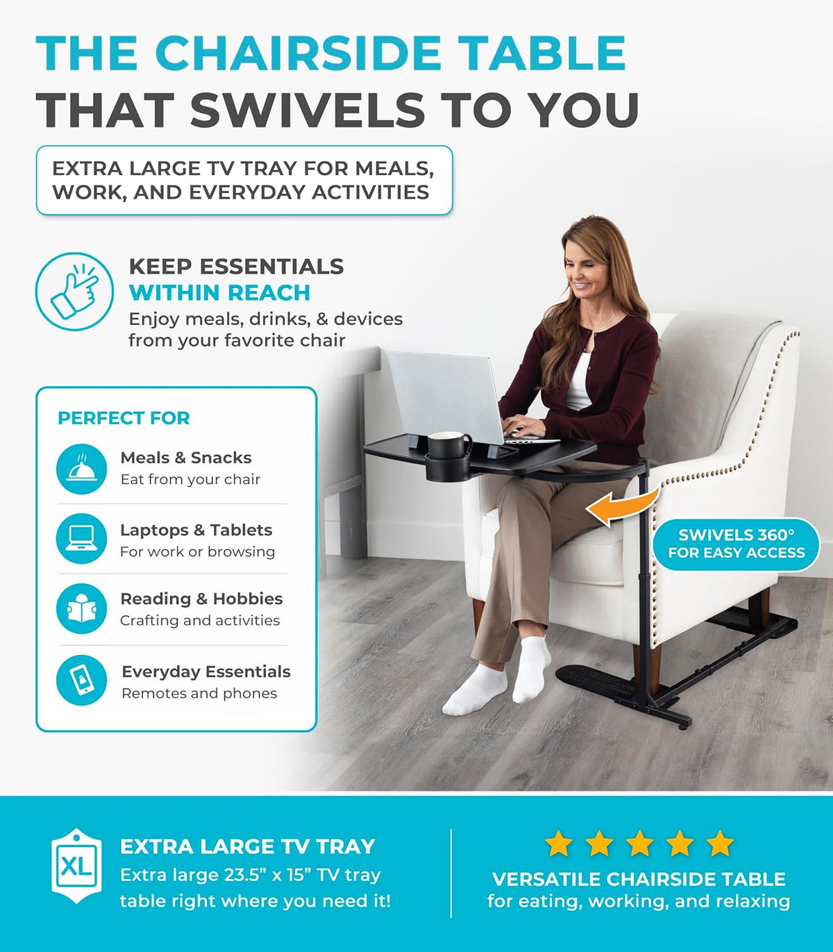 Stander Wonder Tray, Adjustable Swivel Table, Extra-Large Computer Stand, Couch Desk & Gaming Bench, TV-Trays for Eating on Couches, Chairs, Recliners with Laptop Wedges and Cup Holder, XL, Black