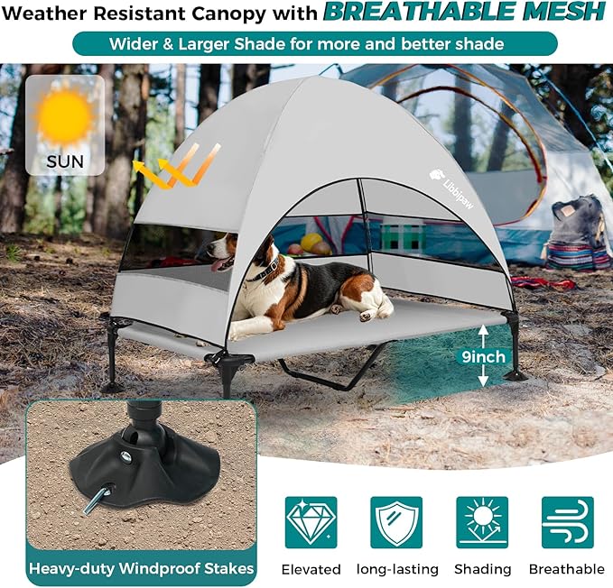 Windproof Elevated Dog Bed with Canopy & Stakes, 3-Sided 90% UV Block, Chew-Proof Teslin Mesh Mat for Large Dogs up to 150lbs(Grey X-Large)