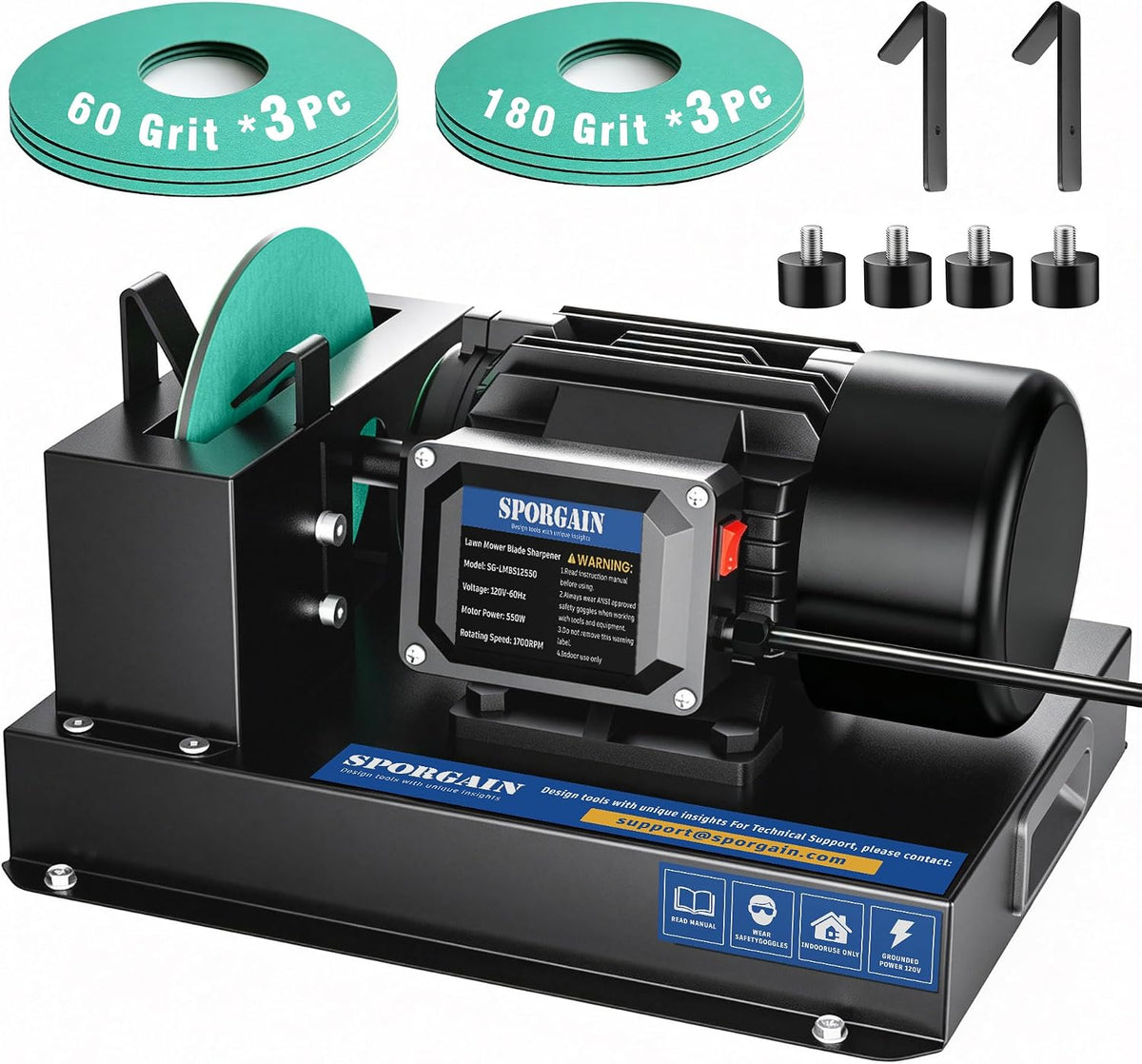 SporGain Updated Lawn Mower Blade Sharpener 2/3HP, 6 Sandpapers 60&180 Grit
