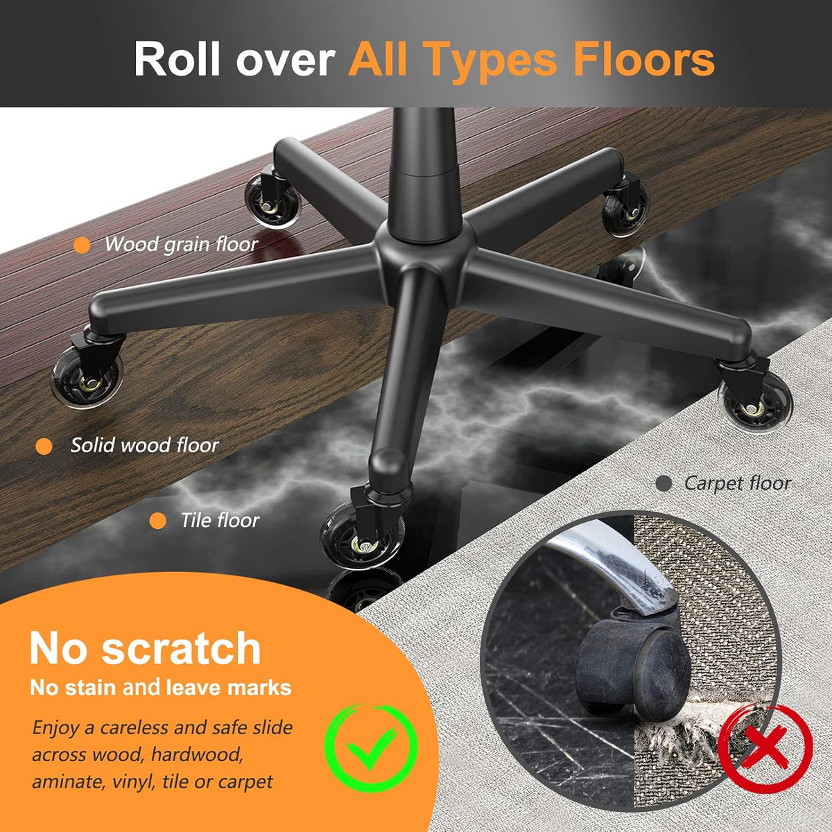 Soontrans Office Chair Wheels 10mm Stem, Compatible with IKEA Chairs ONLY, 3/8" Replacement Rubber Chair Casters, Set of 5, Desk Chair Caster Wheels Protection for Hardwood Floors Carpet