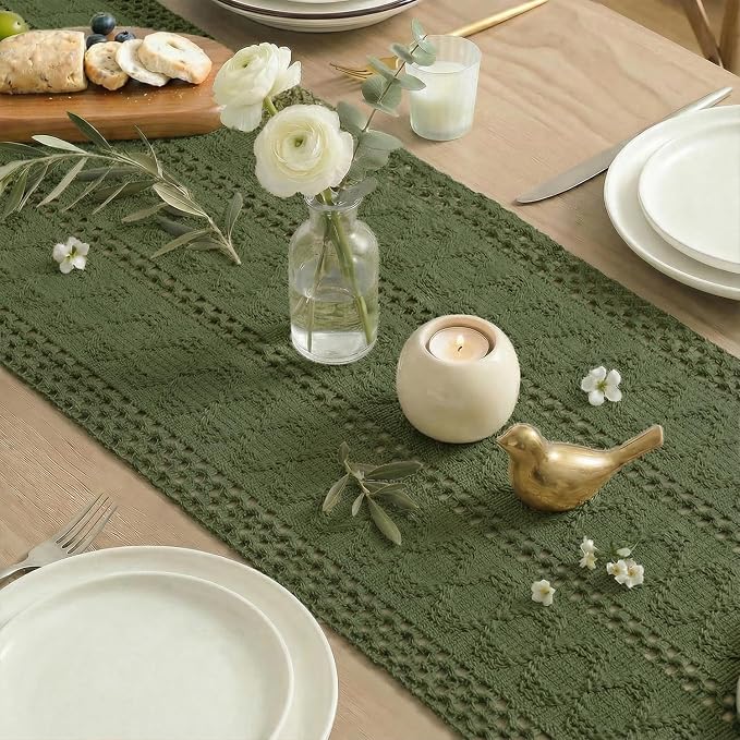 Artoid Mode Army Green Woven Farmhouse Hollow Table Runner 12x60 Inch | Holiday