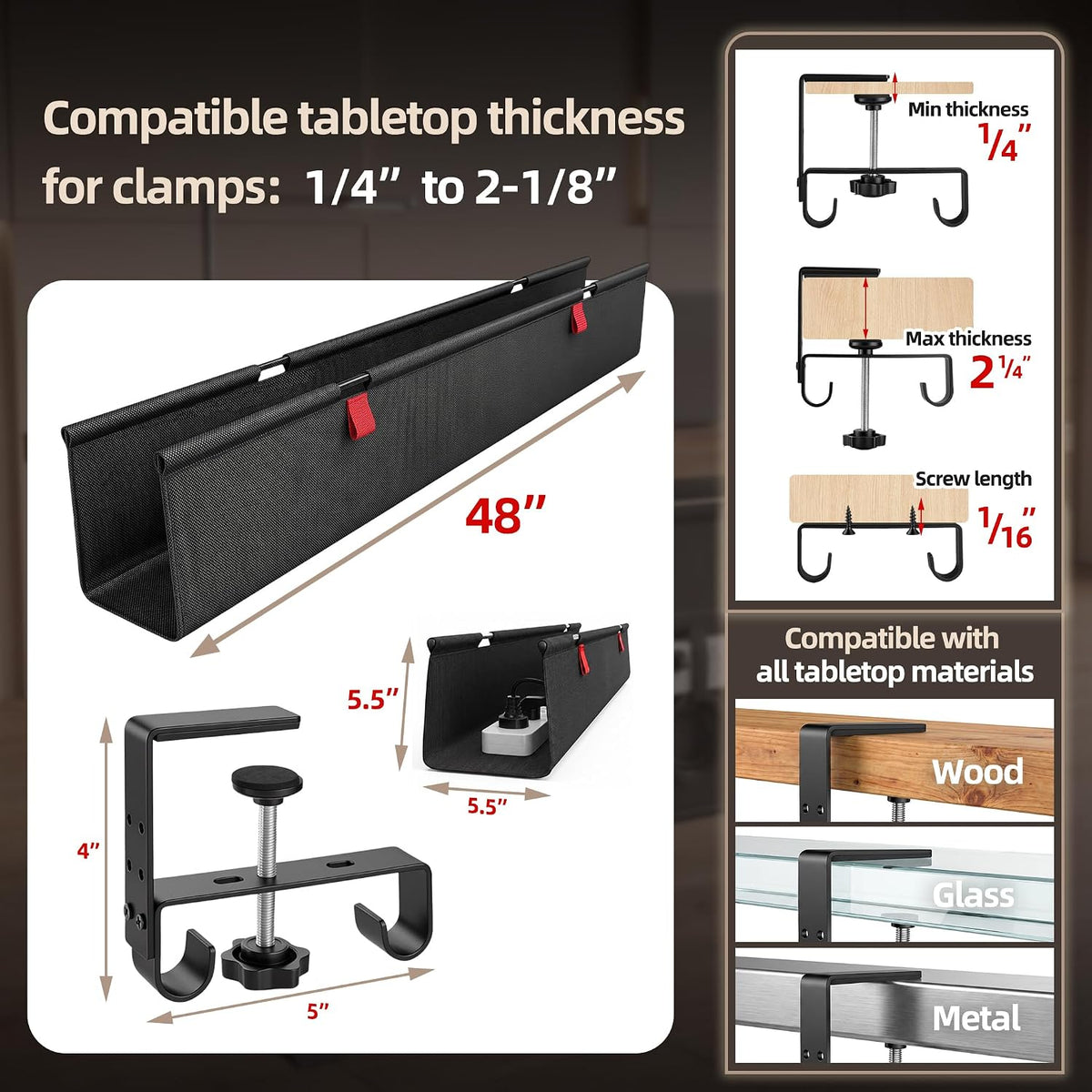 48 Inch Under Desk Cable Management Tray No Drill Desk Cord Management Organization, Large-Capacity Cable Organizer for Home and Office Work Accessories