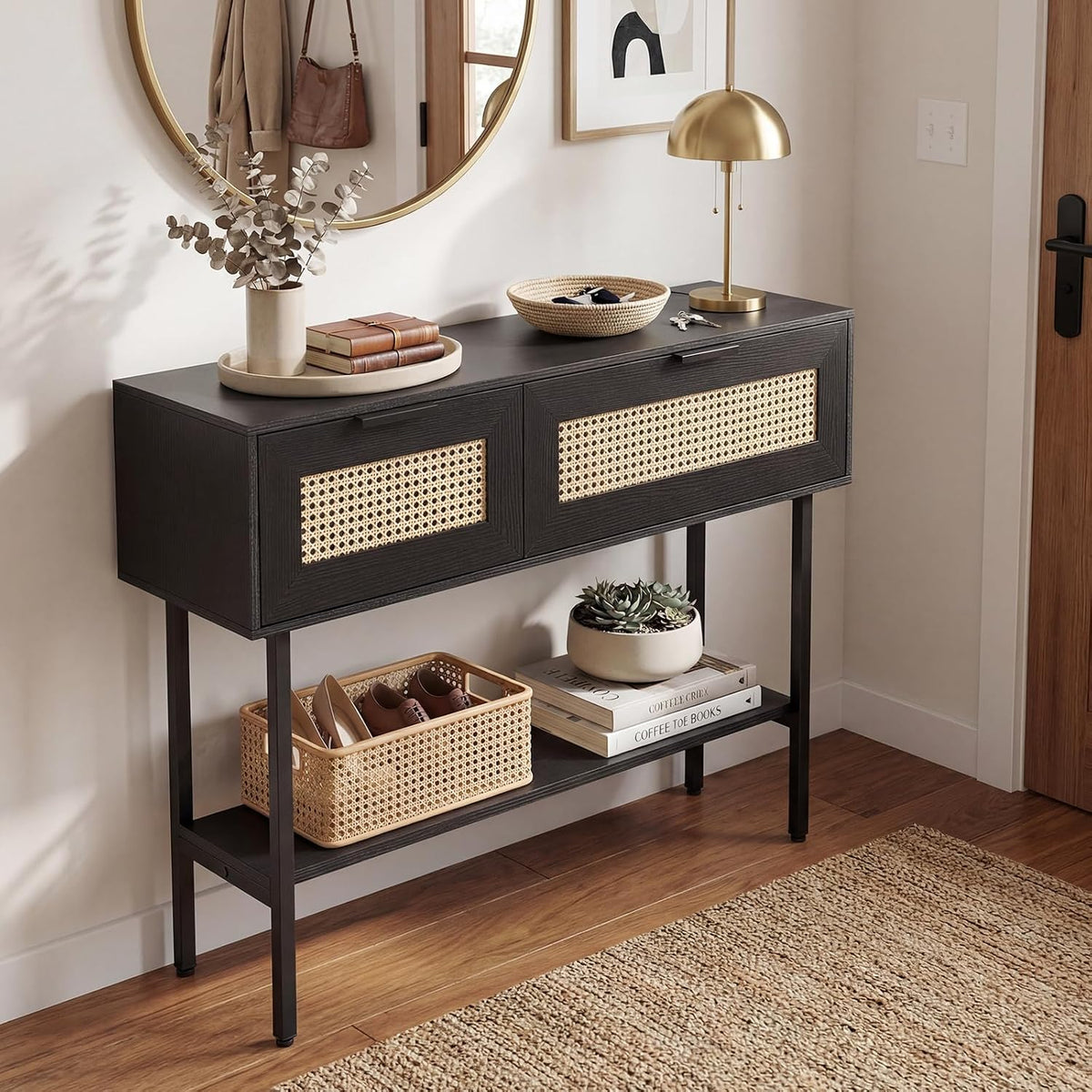 GIANTEX Rattan Console Table with Storage, 40" Long Boho Entryway Table