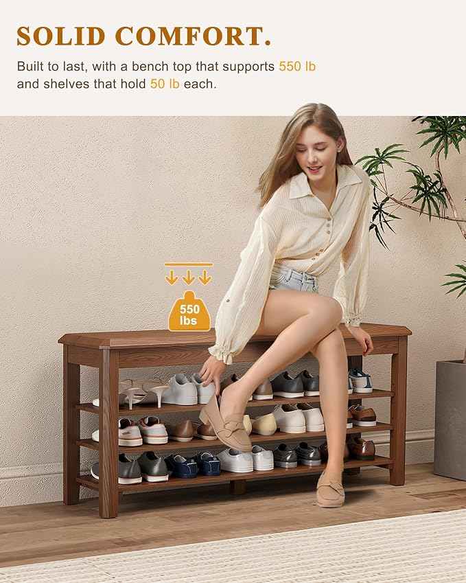 Shoe Rack Bench Seat Rubberwood 3-Tier Wooden Storage Bench 550lbs Compact