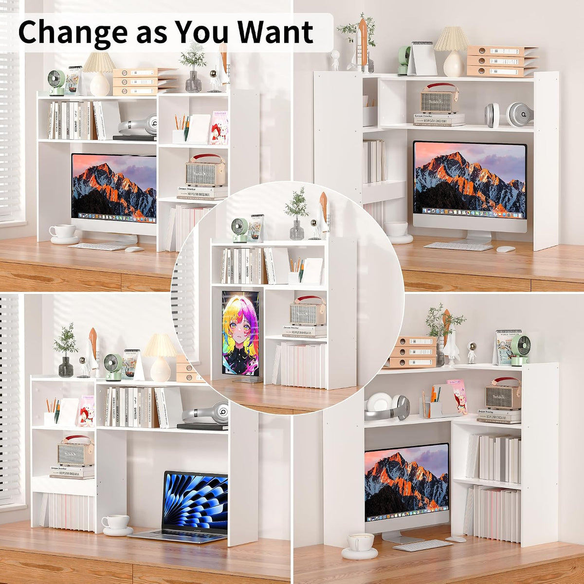 Aetheris Desktop Bookshelf, 43”Adjustable Office Desktop Organizer Shelf, Countertop Storage Hutch with 4 Shelves for Computer Desk, Adjustable Desk Hutch, Wooden Desktop Bookcase