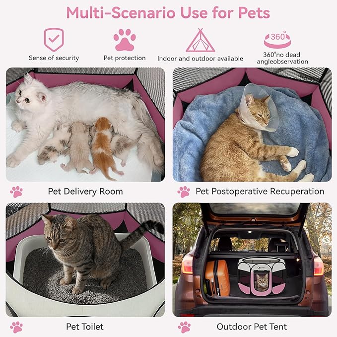 Pink Dog Cat Playpen, Puppy Pet Playpen Indoor for Small Dog Crate Tent Cage Outdoor, Portable Pop Up Dogs Enclosure Kennel with Carrying Case for Dogs/Cats/Rabbits