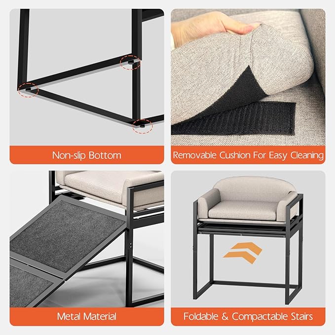 AZV Non Slip Dog Stairs Ramps for High Bed,Extra Wide Seat Chairs Mate for Small Puppy,Metal Frame Steps for Doggie to Get on Bed with Platform,Office Window Old Doggy Couch,Dachshunds Ladder Khaki