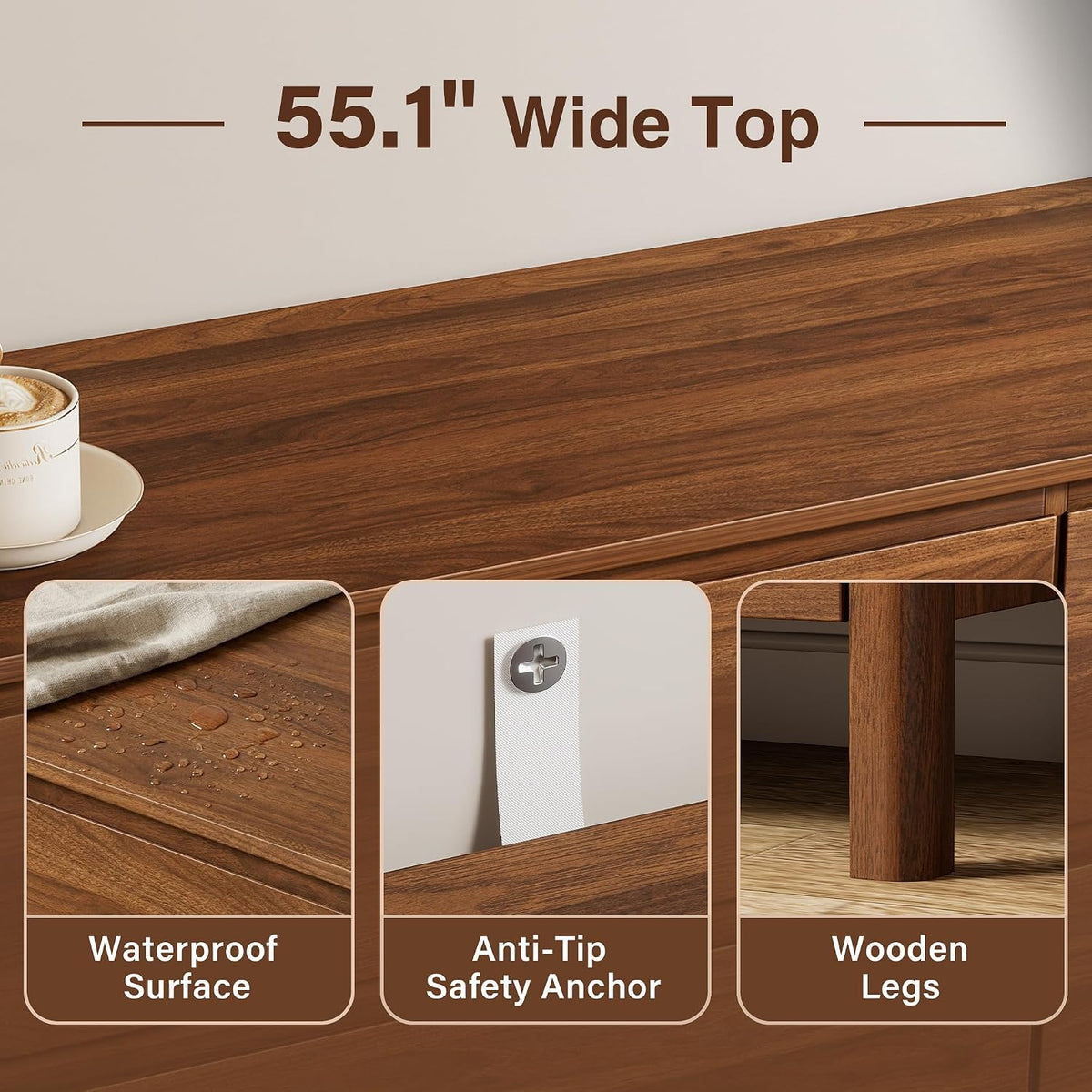 Furniway 55" Wide 8 Drawer Wood Dresser for Bedroom with Legs, Walnut