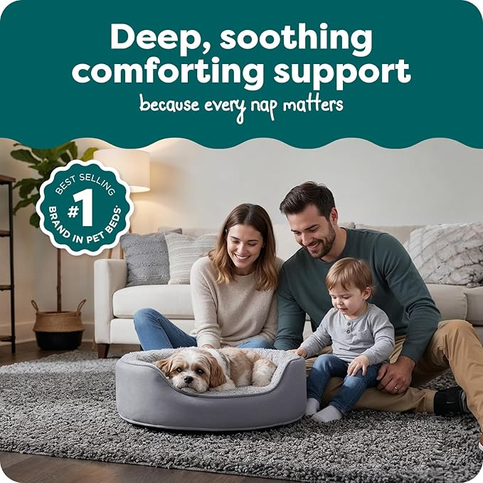 FurHaven Dog Bed for Small Dogs, Oval Lounger with Soft Pillow Cushion Insert for Cozy Comfort, Removable Washable Cover, Small, Faux Fur & Suede, Gray