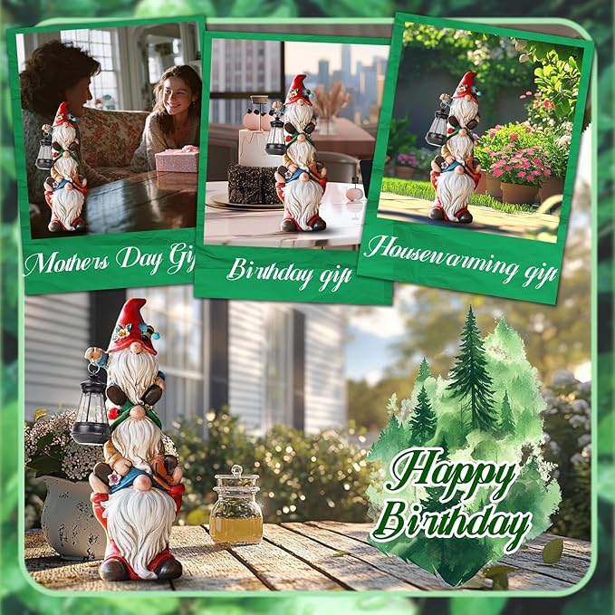 Garden Gnome Statue with Solar Lights Garden Sculptures Funny Triple Gnome Outdoor Patio Lawn Yard Balcony Home Decor Birthday Gift for Woman Grandma 12 in Spring Gnomes