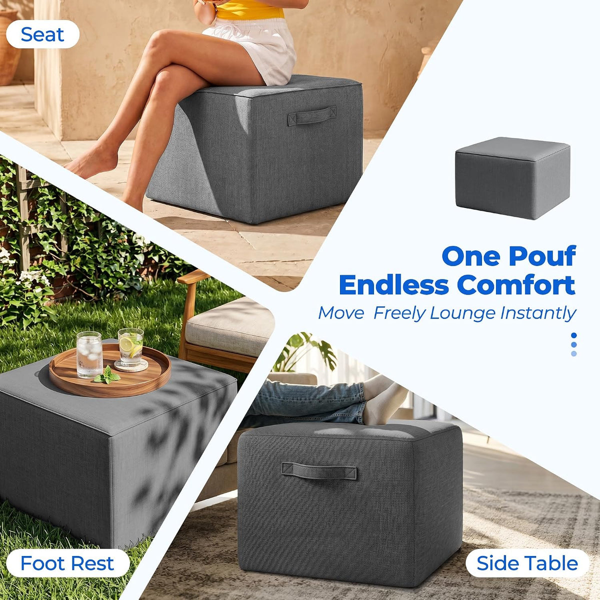 Square Outdoor Ottoman Pouf, 24" Waterproof Patio Foot Rest, Dark Gray