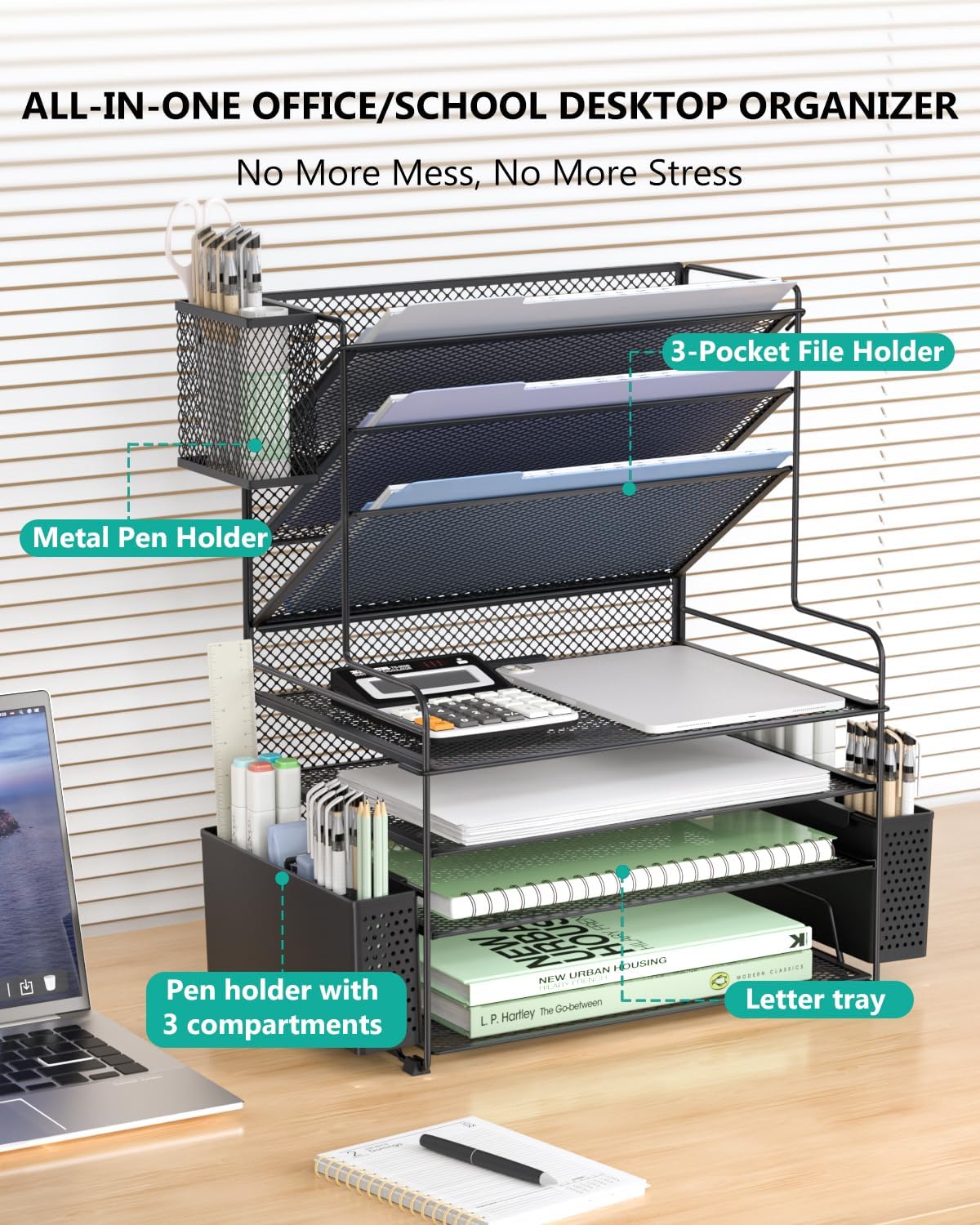 WALI Desk File Organizer, 7 Tier Desktop Paper Letter Tray Organizer with Drawer and 3 Pen Holders, Office Desk Accessories & Workspace Organizers for Office, Home, School Supplies, 1 Pack, Black