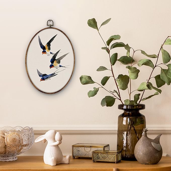 DILSJ Vintage Swallow Bird Oval Wall Art Decor, Rustic Nature Bird Canvas Wall Art Framed, Watercolor Japanese Swallow Hanging Decorations for Home Living Room Bedroom, 11x8.5 Inch