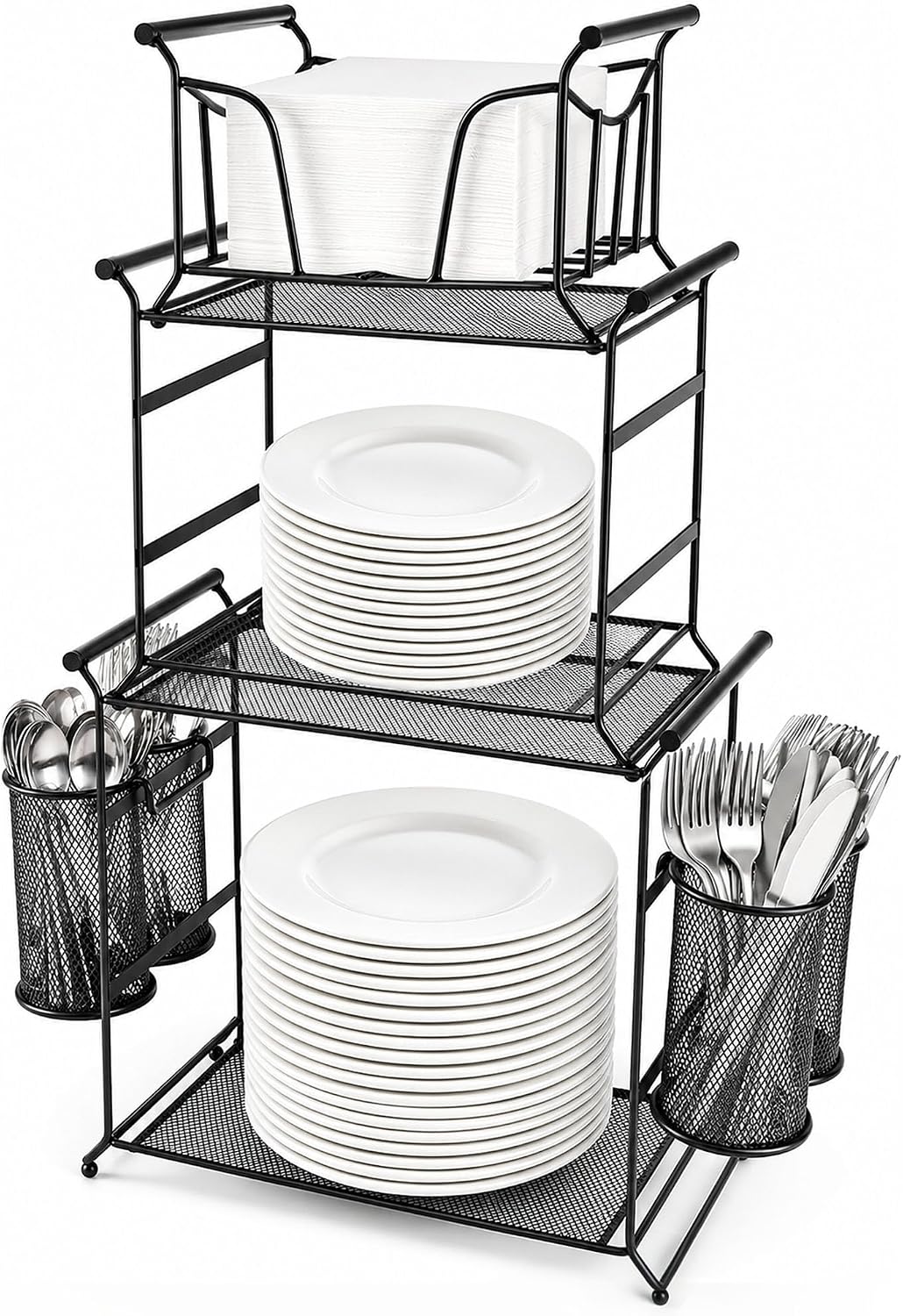 HULISEN 3-Tier Buffet Caddy, 7-Piece Paper Plate & Utensil Holder for Party