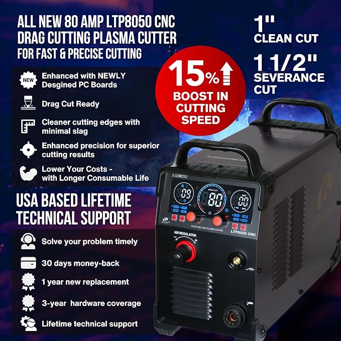 LTP8050 CNC | 80A Blowback Plasma Cutter, THC/ARC OK, LED Display & Front