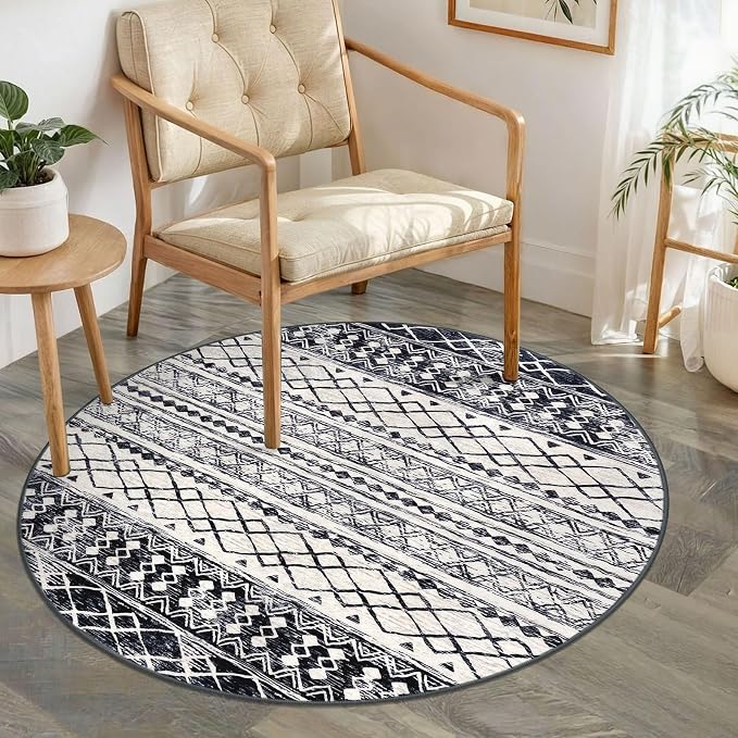 KUTA Round Washable Rug 3Ft Boho Black Navy Blue Entryway Rugs, Moroccan Foyer