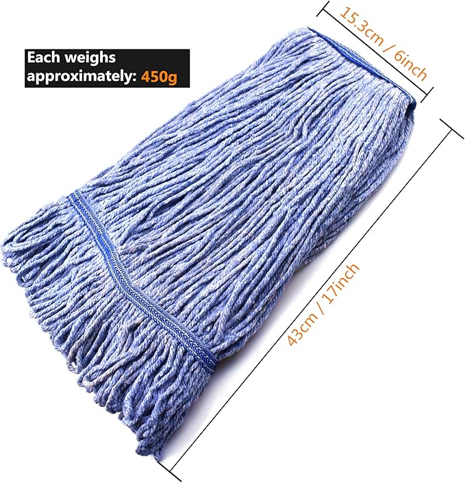 String Mop Heads Replacement Heavy Duty Commercial Grade Blue Cotton Looped End Wet Industrial Cleaning Mop Head Refills (4, Medium)