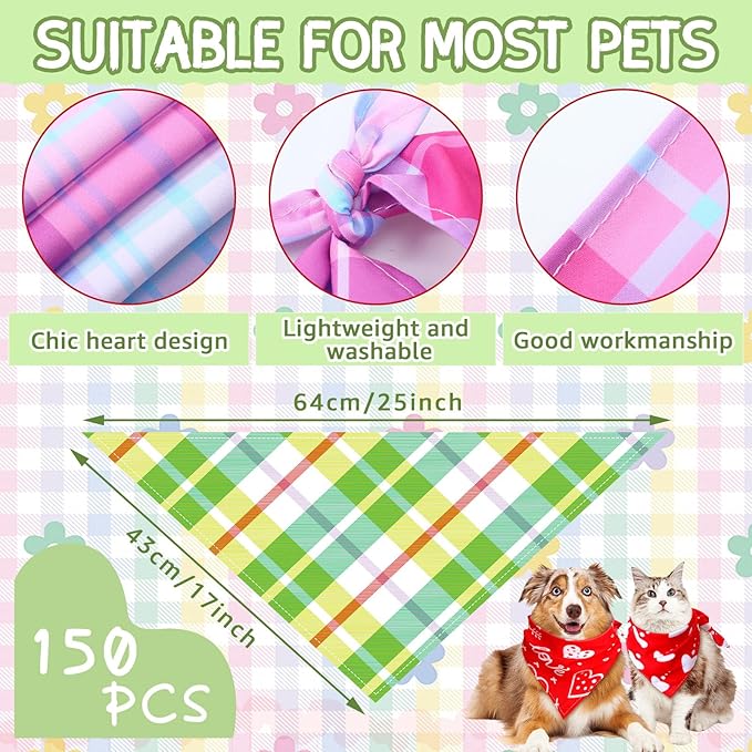 150 Pcs Spring Dog Bandanas Bulk Pet Bibs Colorful Triangle Scarf Pet Bandanas for Medium Large Dogs Spring Summer Birthday Costume Decoration