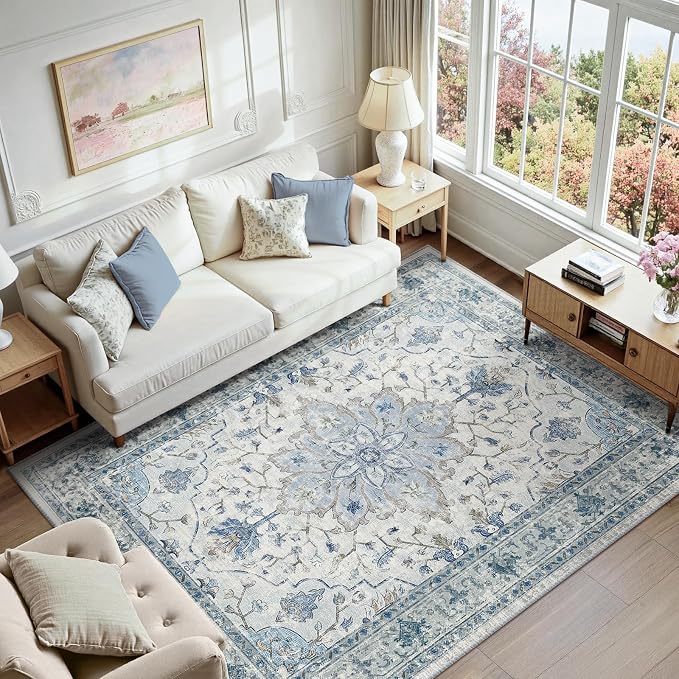 RELEANY Area Rugs 7'x9' Washable Non-Slip, Floral Vintage Distress Medallion