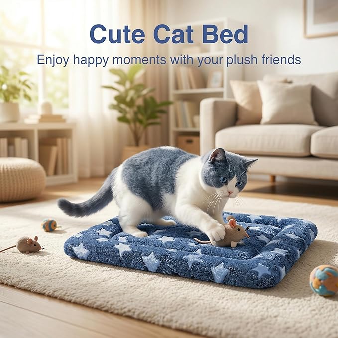 Dog Bed Mat - Reversible Dog Crate Bed Mats, Soft & Breathable Kennel Pad, Durable Crate Bed for Small Dogs & Cats (Navy&Stars, XS(18"*14"*1.2"))