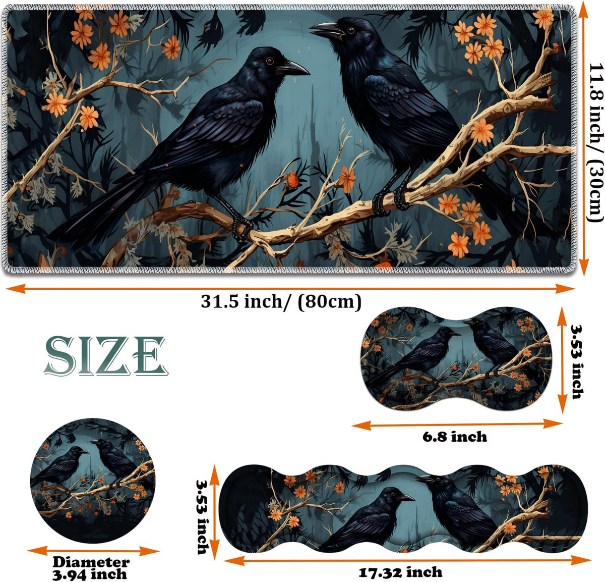 Large Gaming Mouse Pad + Keyboard Wrist Rest + Wrist Support + Coaster Set, Memory Foam Ergonomic for Easy Typing, XXL Extended Gaming Mouse Pad Table Pad - Branch Crow