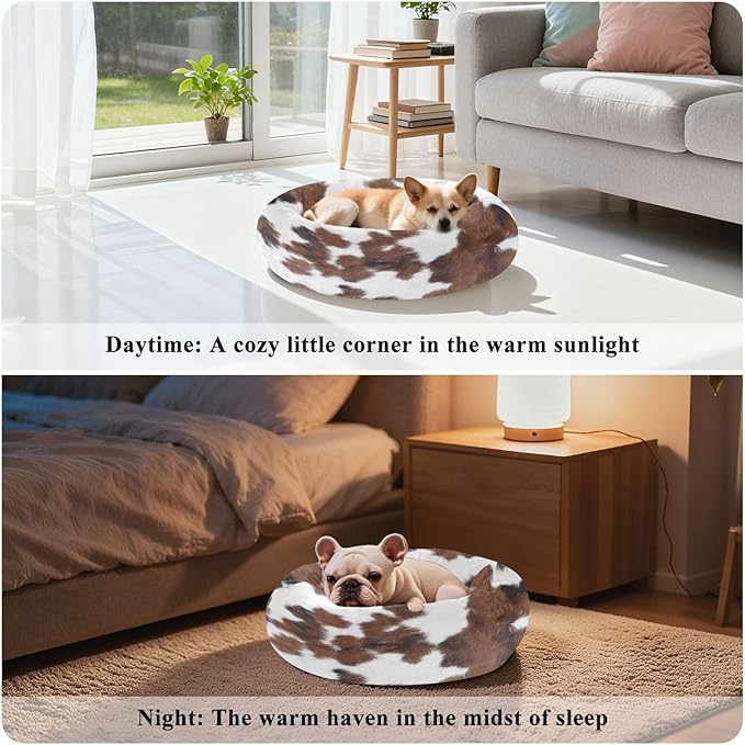 Round Cat Bed Dog Bed,13in Cow Print Washable Non-Slip Bottom Soft Pet Bed for Small Medium Dogs and Cats