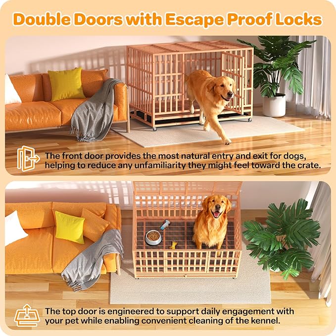 48 Inch Heavy Duty Dog Crate, Indestructible Escape-Proof Dog Kennel for High Anxiety Large Dogs, Strong Metal Pet Cage with Double Doors, Lockable Wheels & Removable Tray, XL XXL XXXL