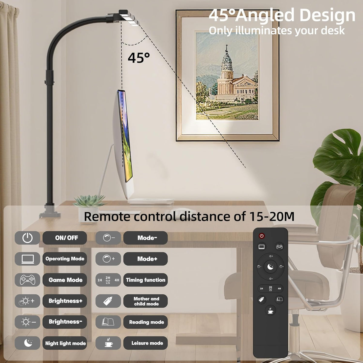 LED Desk Lamp with Clamp, Eye-Carying Desk Light with Remote,Adjustable Flexible Gooseneck,1800LM Ultra Bright Table Lamp for Work,Study, Read,Workbench(Black)