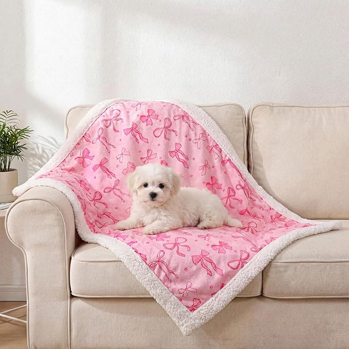 Tegeme Pink Bow Waterproof Small Dog Blanket, 40"x28" Reversible Soft Plush Pet Blanket for Couch Sofa Protection, Pee Proof Cat Dog Throw for Small/Medium Breeds