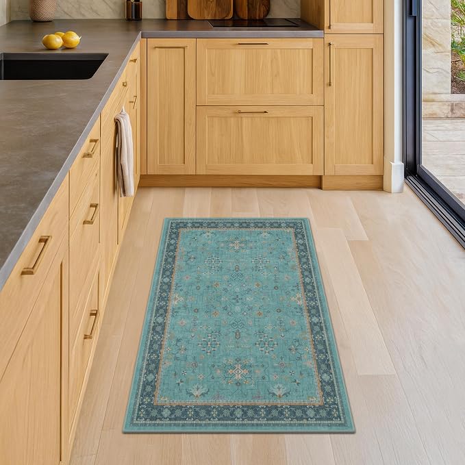 2x4 Washable Teal Throw Rugs for Entryway Indoor