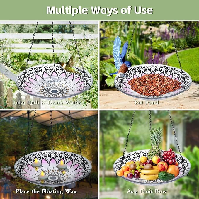 MUMTOP Hanging Bird Bath-Bird Baths for Outdoors - 12 Inch Glass Bird Water Bowl Bird Feeders for Outside, Garden, Lawn Yard Decor