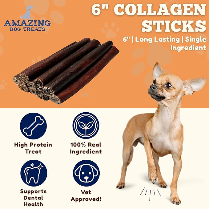 Amazing Dog Treats 6 Inch Collagen Stick - (10 Count) - Collagen Sticks for Dogs - No Hide Dog Bones