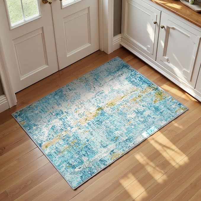 Entrance Rugs Indoor 2x3 Teal Blue Entry Rug Washable Abstract Small Area Rug